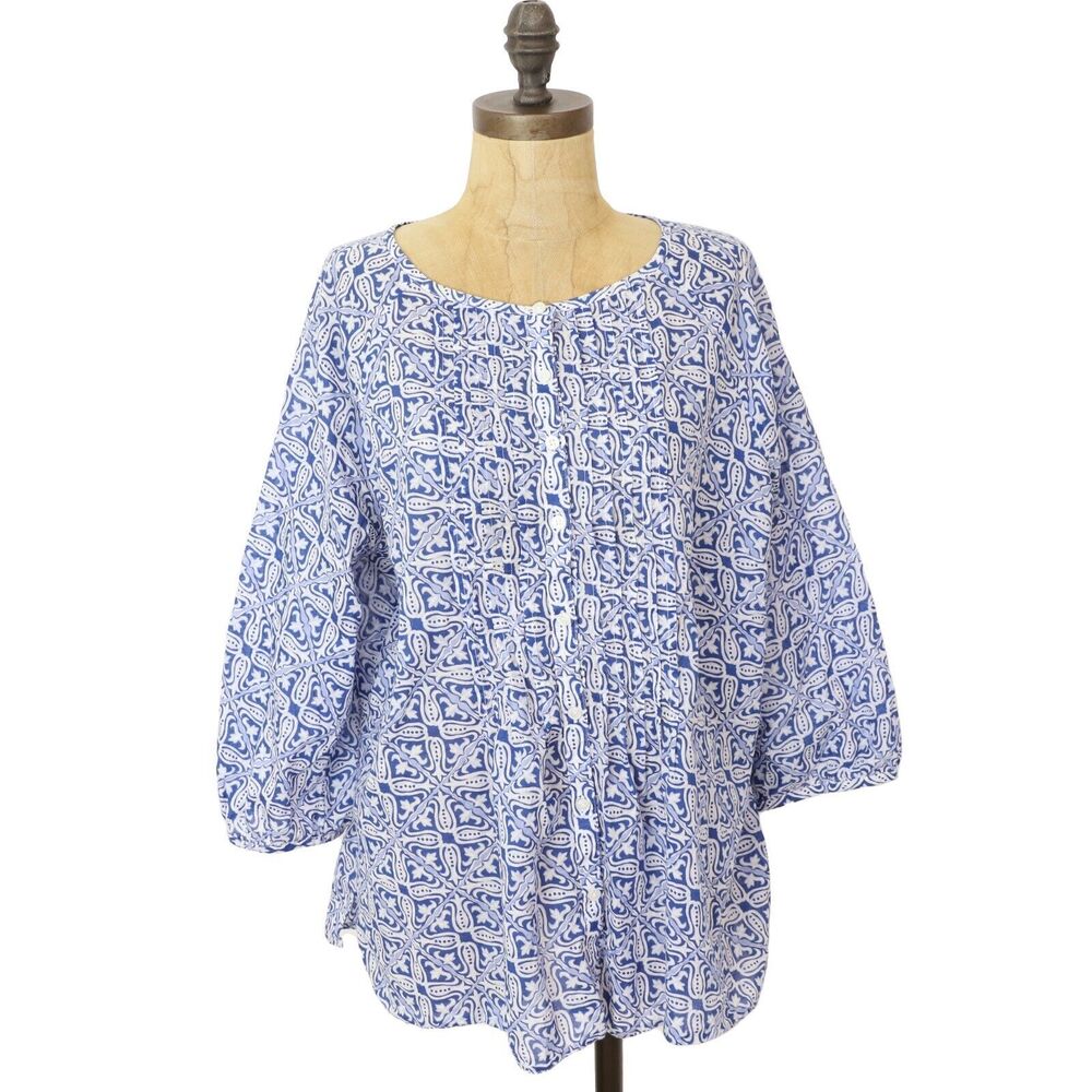 TALBOTS Button Up Coastal Top L Blue Sailor Cotton Printed Woven 3/4 Sleeve B65